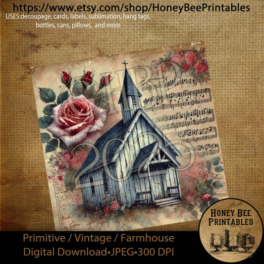 Digital Download, Printable, Decoupage, Primitive, Craft Supplies, Vintage, Rustic, Shabby, Valentine, Roses, Chapel, Church, Music, #4, 8x8