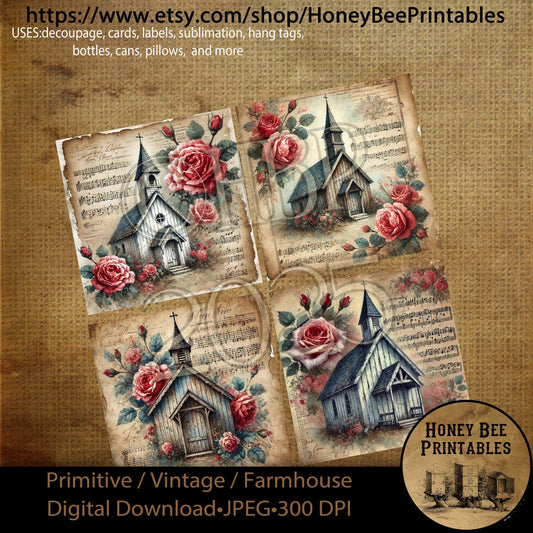 Digital Download, Art, Printable, Decoupage, Primitive, Vintage, Craft Supplies, 4x4, Rustic, Valentine, Roses, Chapel, Church, Love, Music