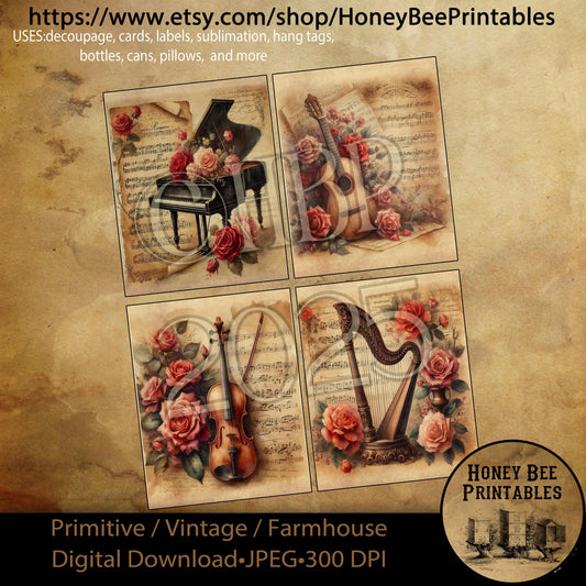 Digital Download, Art, Printable, Decoupage, Primitive, Vintage, Craft Supplies, Valentine, Roses, Music, Guitar, Piano, Harp, Violin, 4x5