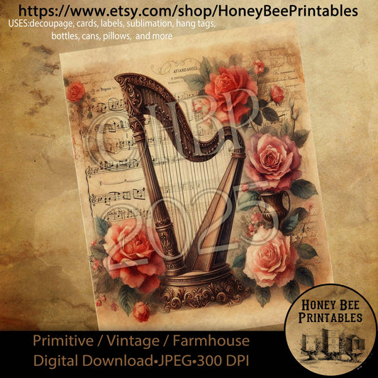 Digital Download, Printable, Decoupage, Primitive, Craft Supplies, Vintage, Rustic, Shabby, Valentine, Roses, Music, Harp, Romantic
