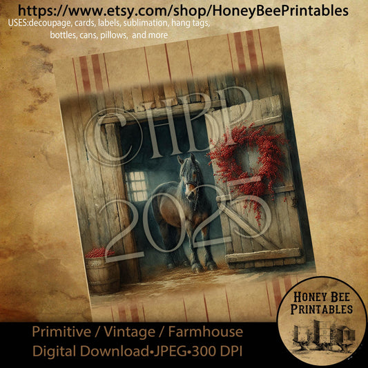 Digital Download, Printable, Decoupage, Primitive, Craft Supplies, Vintage, Rustic, Valentine, Farm, Animals, Heart, Wreath, Horse
