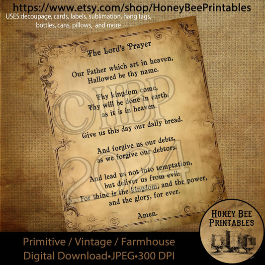 Digital Download, Digital Art, Printable, Decoupage, Primitive, Craft Supplies, The Lord's Prayer, Bible, Scripture, Our Father Which Art