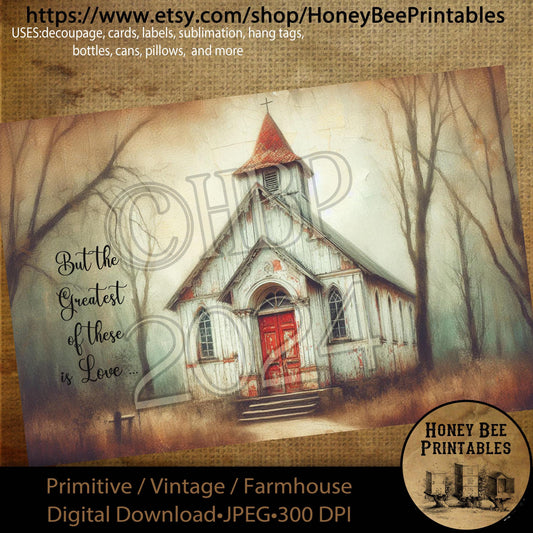 Digital Download, Printable, Decoupage, Primitive, Farmhouse, Craft Supplies, Valentine Chapel, Church, The Greatest is Love, A4 Size