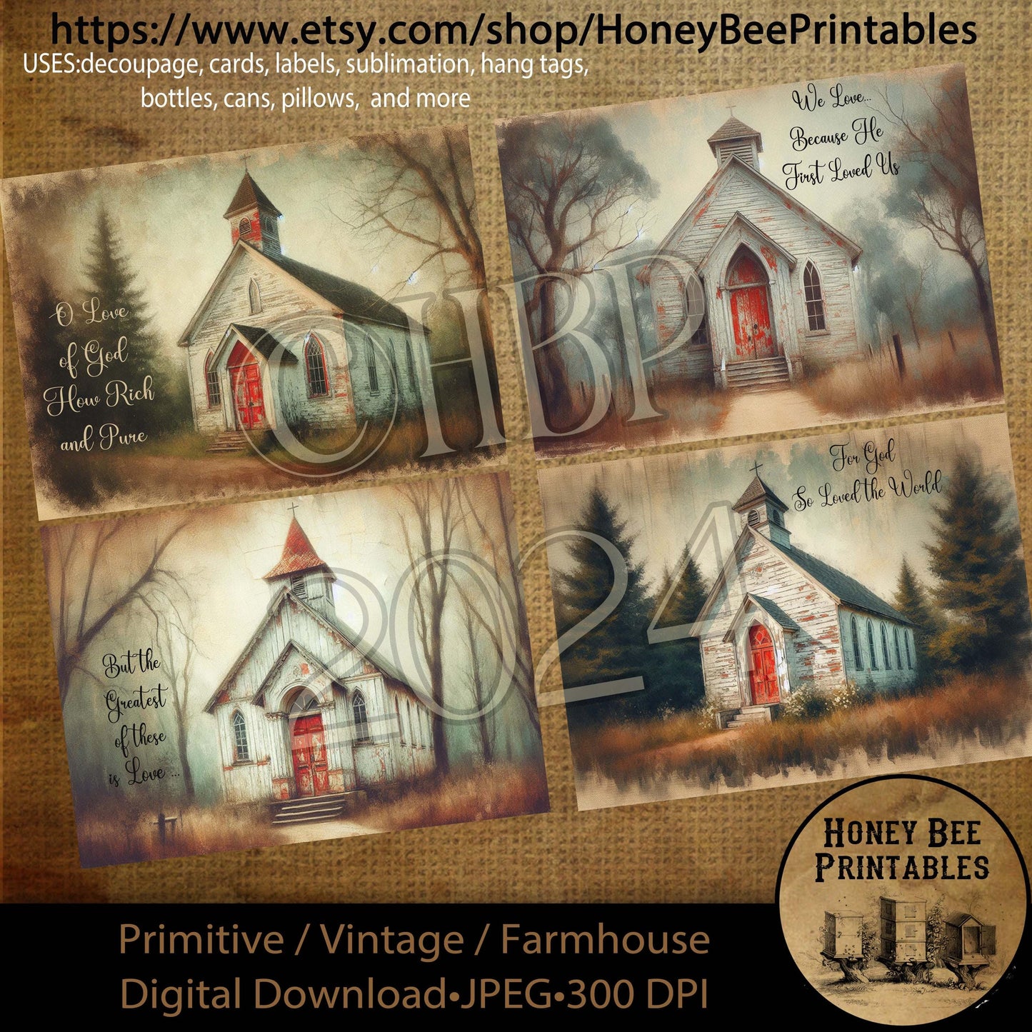 Digital Download, Printable, Decoupage, Primitive, Craft Supplies, Valentine Chapel, Church, Bible Scripture, Bible Verse, God, Jesus, A4