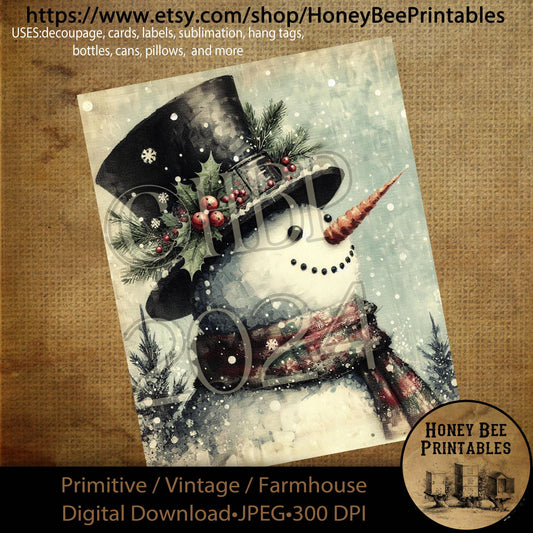 Digital Download, Printable, Decoupage, Primitive, Farmhouse, Craft Supplies, Vintage, Rustic Snowmen, Snowman, Snow, Winter Wonderland, #1