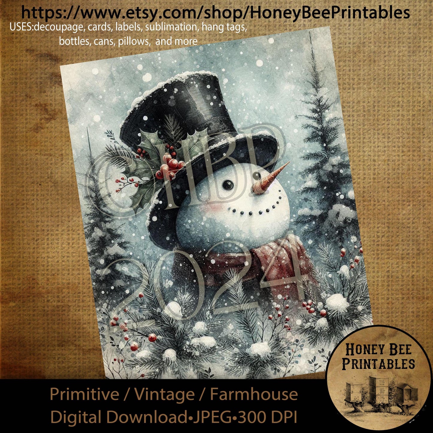 Digital Download, Printable, Decoupage, Primitive, Farmhouse, Craft Supplies, Vintage, Rustic Snowmen, Snowman, Snow, Winter Wonderland, #2