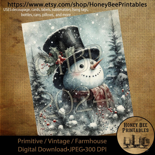 Digital Download, Printable, Decoupage, Primitive, Farmhouse, Craft Supplies, Vintage, Rustic Snowmen, Snowman, Snow, Winter Wonderland, #2