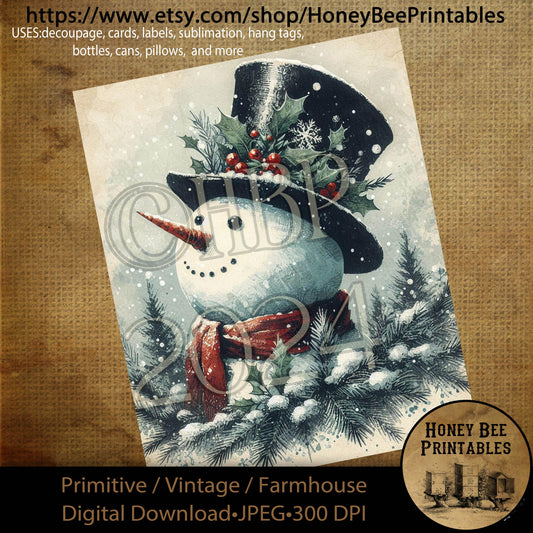 Digital Download, Printable, Decoupage, Primitive, Farmhouse, Craft Supplies, Vintage, Rustic Snowmen, Snowman, Snow, Winter Wonderland, #4