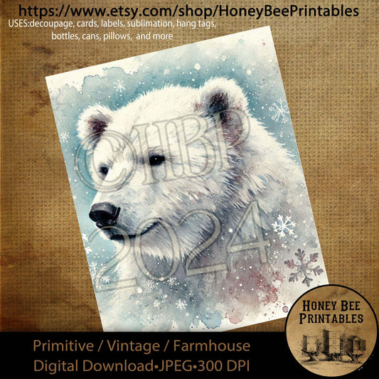 Digital Download, Printable, Decoupage, Primitive, Farmhouse, Craft Supplies, Vintage, Rustic, Winter Wonderland, Winter, Polar Bear, Snow