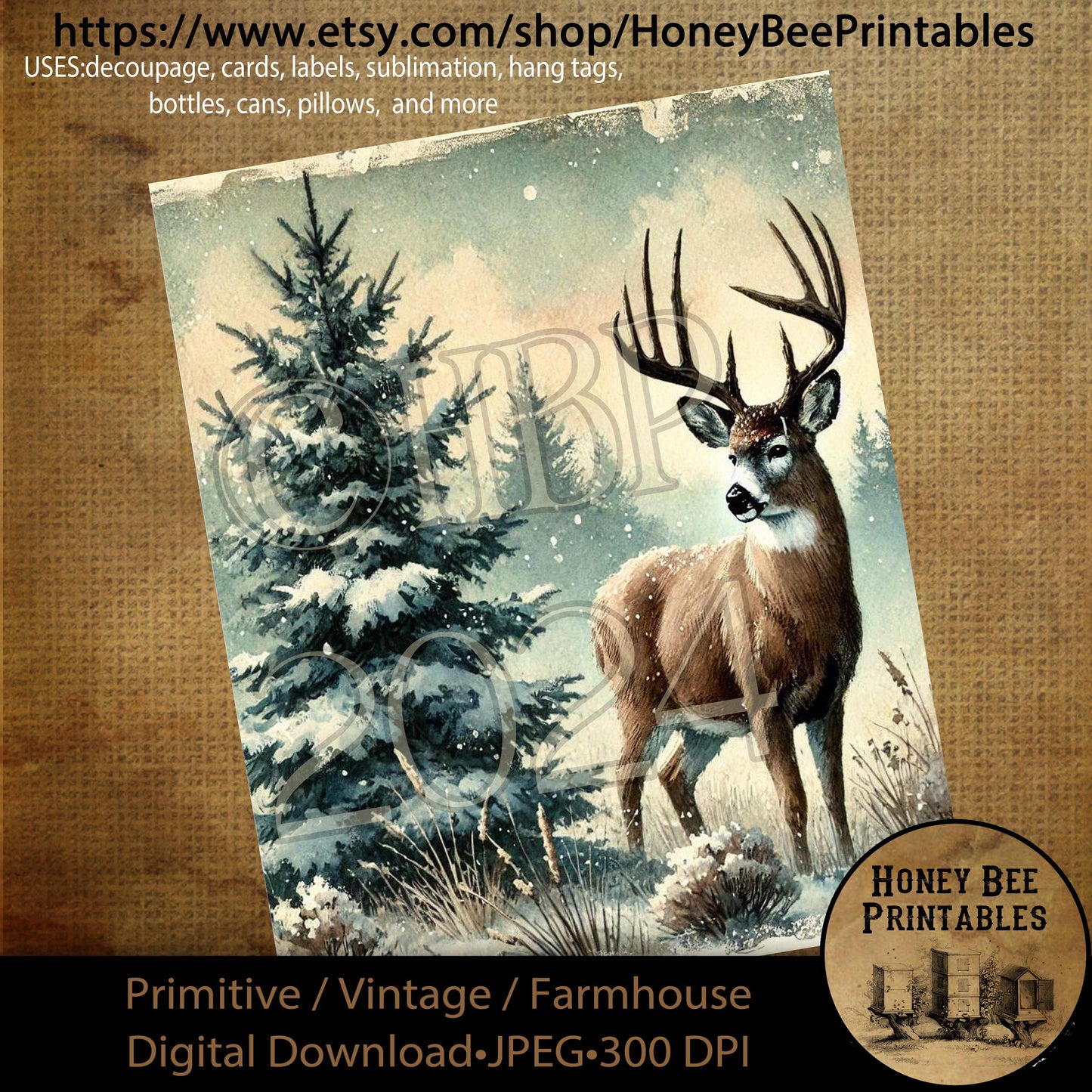 Digital Download, Printable, Decoupage, Primitive, Farmhouse, Craft Supplies, Vintage, Rustic, Winter Wonderland, Snow, Buck Deer, Woods