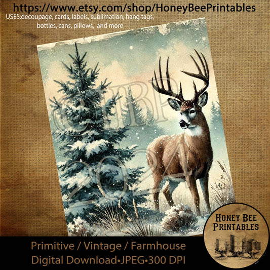 Digital Download, Printable, Decoupage, Primitive, Farmhouse, Craft Supplies, Vintage, Rustic, Winter Wonderland, Snow, Buck Deer, Woods