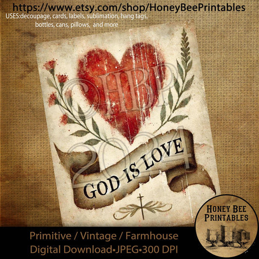 Digital Download, Printable, Decoupage, Primitive, Craft Supplies, Vintage, Rustic, Valentine, Red Heart, God Is Love, Inspirational, Jesus