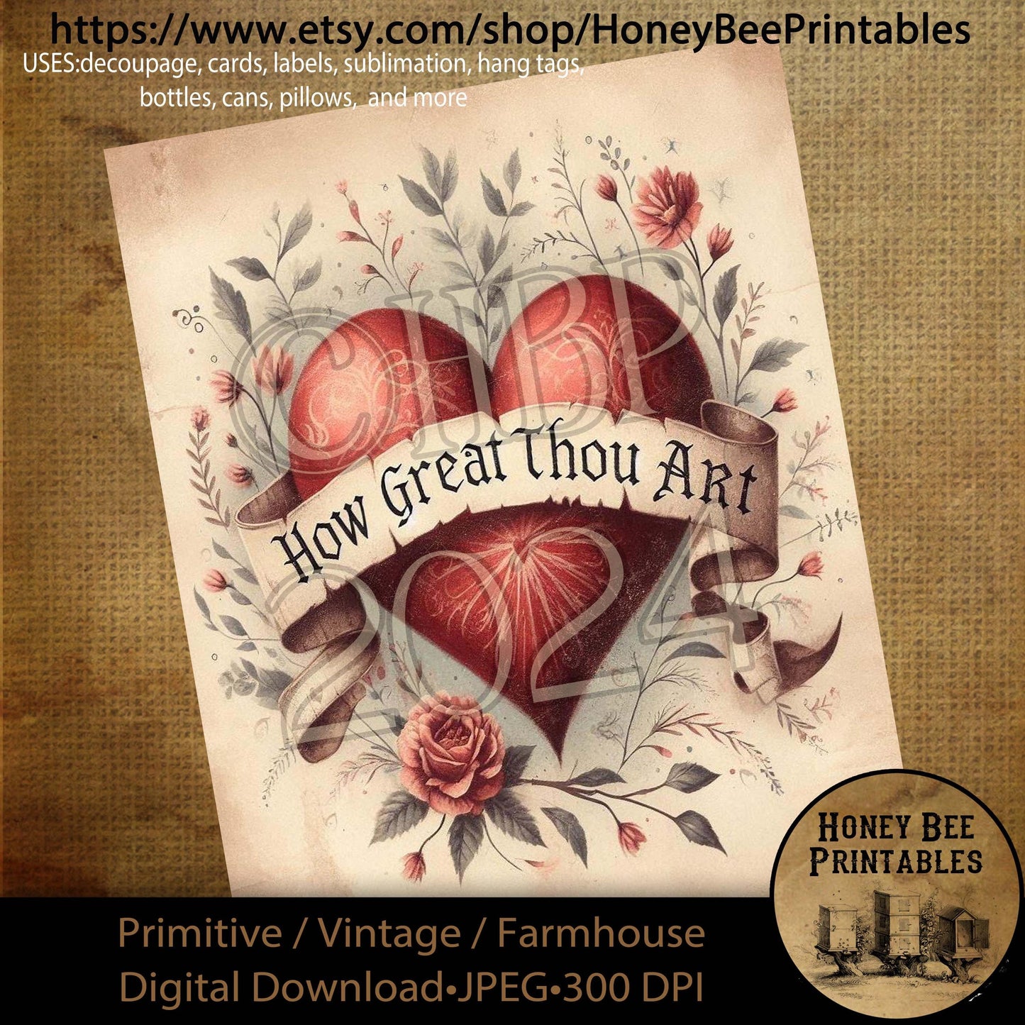 Digital Download, Printable, Decoupage, Primitive, Craft Supplies, Vintage, Rustic, Valentine, Red Heart, How Great Thou Art, Inspirational