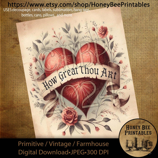 Digital Download, Printable, Decoupage, Primitive, Craft Supplies, Vintage, Rustic, Valentine, Red Heart, How Great Thou Art, Inspirational