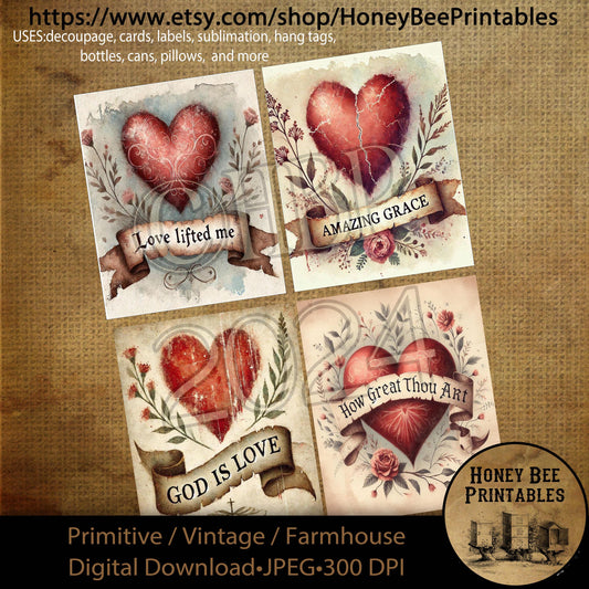 Digital Download, Art, Printable, Decoupage, Primitive, Craft Supplies, 4x5, Rustic, Valentine, God Is Love, Amazing Grace, Love Lifted Me