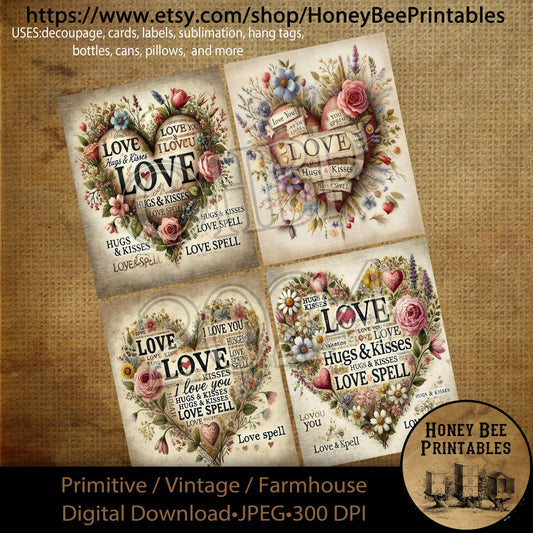 Digital Download, Printable, Decoupage, Prim, Craft Supplies, Rustic, Valentine, Love, Love Spell, Hugs & Kisses, Word Collage, Subway Art