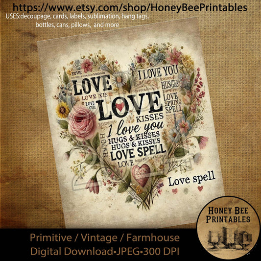 Digital Download, Printable, Decoupage, Primitive, Craft Supplies, Vintage, Rustic, Valentine, Subway Art, Word Collage, Love Spell, #3