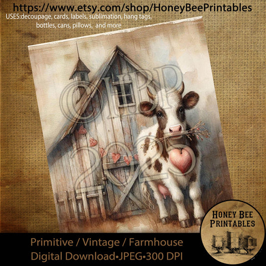 Digital Download, Printable, Decoupage, Primitive, Craft Supplies, Vintage, Rustic, Valentine, Cow, Barn, Farm Animals, Love, Primitive Cow