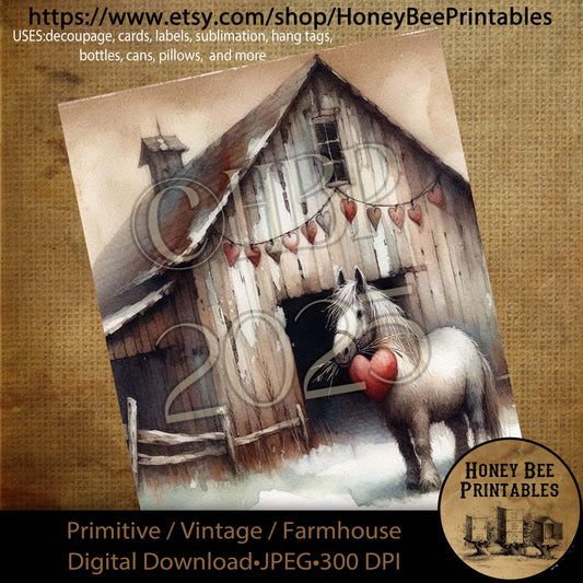 Digital Download, Printable, Decoupage, Primitive, Craft Supplies, Vintage, Rustic, Valentine, Barn, Farm Animals, Love, Primitive Horse