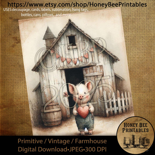 Digital Download, Printable, Decoupage, Primitive, Craft Supplies, Vintage, Rustic, Valentine, Barn, Farm Animals, Love, Primitive Pig
