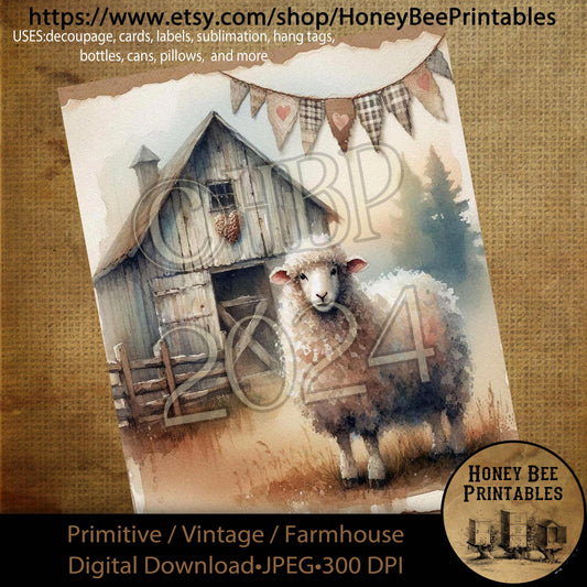 Digital Download, Printable, Decoupage, Primitive, Craft Supplies, Vintage, Rustic, Valentine, Barn, Farm Animals, Love, Primitive Sheep