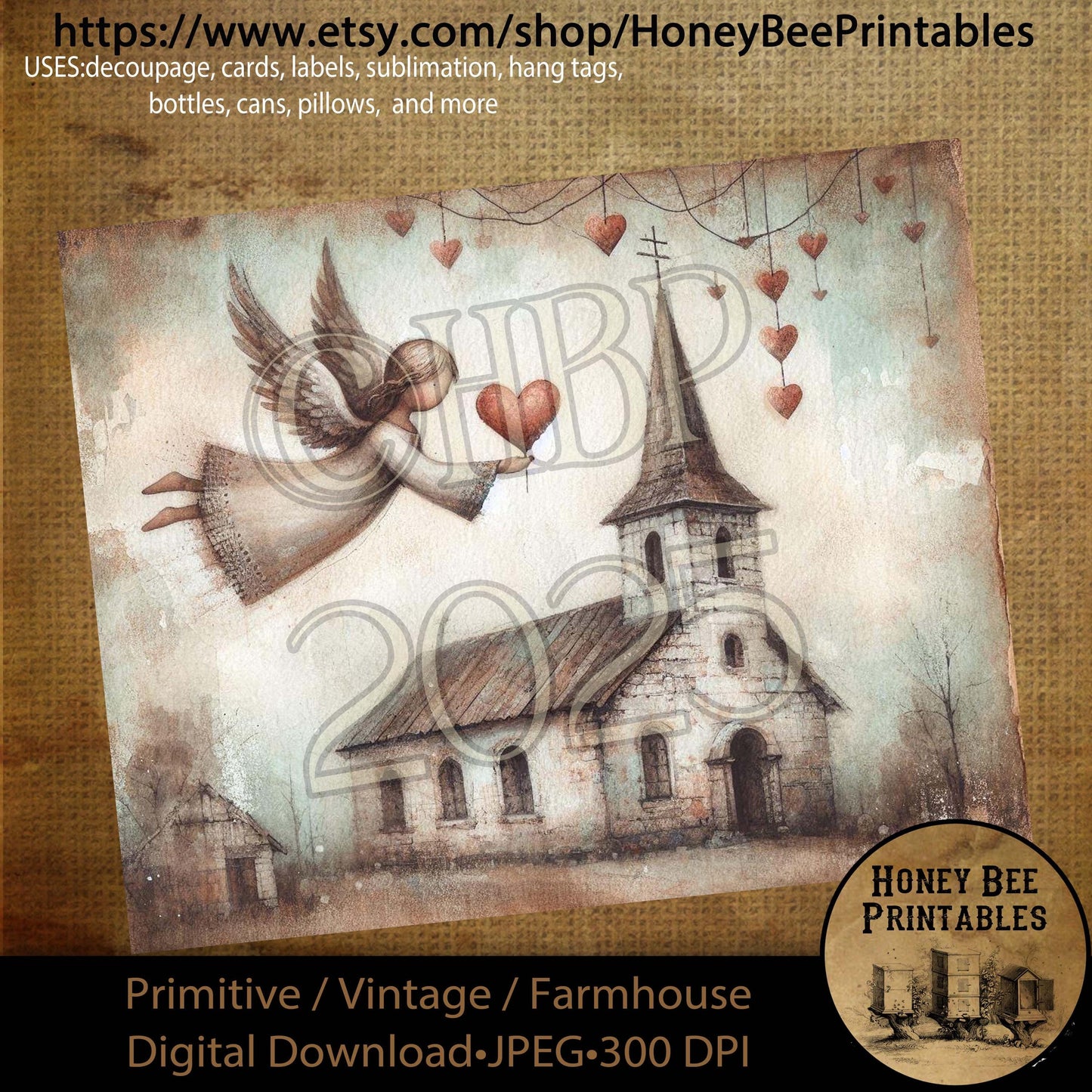 Digital Download, Printable, Decoupage, Primitive, Craft Supplies, Vintage, Rustic, Valentine, Church, Chapel, Angel, Heart, Love, 1