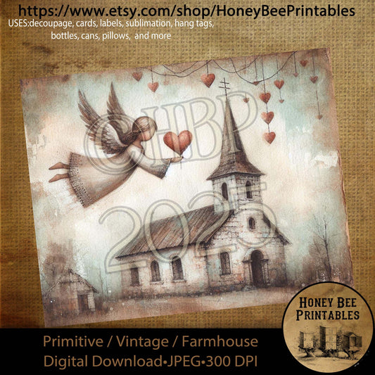 Digital Download, Printable, Decoupage, Primitive, Craft Supplies, Vintage, Rustic, Valentine, Church, Chapel, Angel, Heart, Love, 1