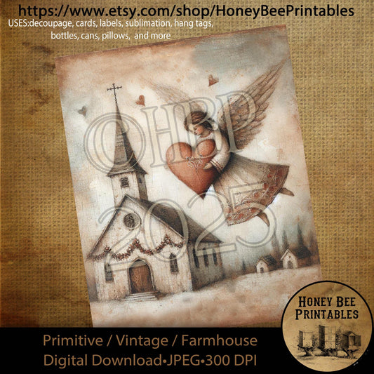 Digital Download, Printable, Decoupage, Primitive, Craft Supplies, Vintage, Rustic, Valentine, Church, Chapel, Angel, Heart, Love, 2
