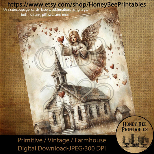 Digital Download, Printable, Decoupage, Primitive, Craft Supplies, Vintage, Rustic, Valentine, Church, Chapel, Angel, Heart, Love, 3