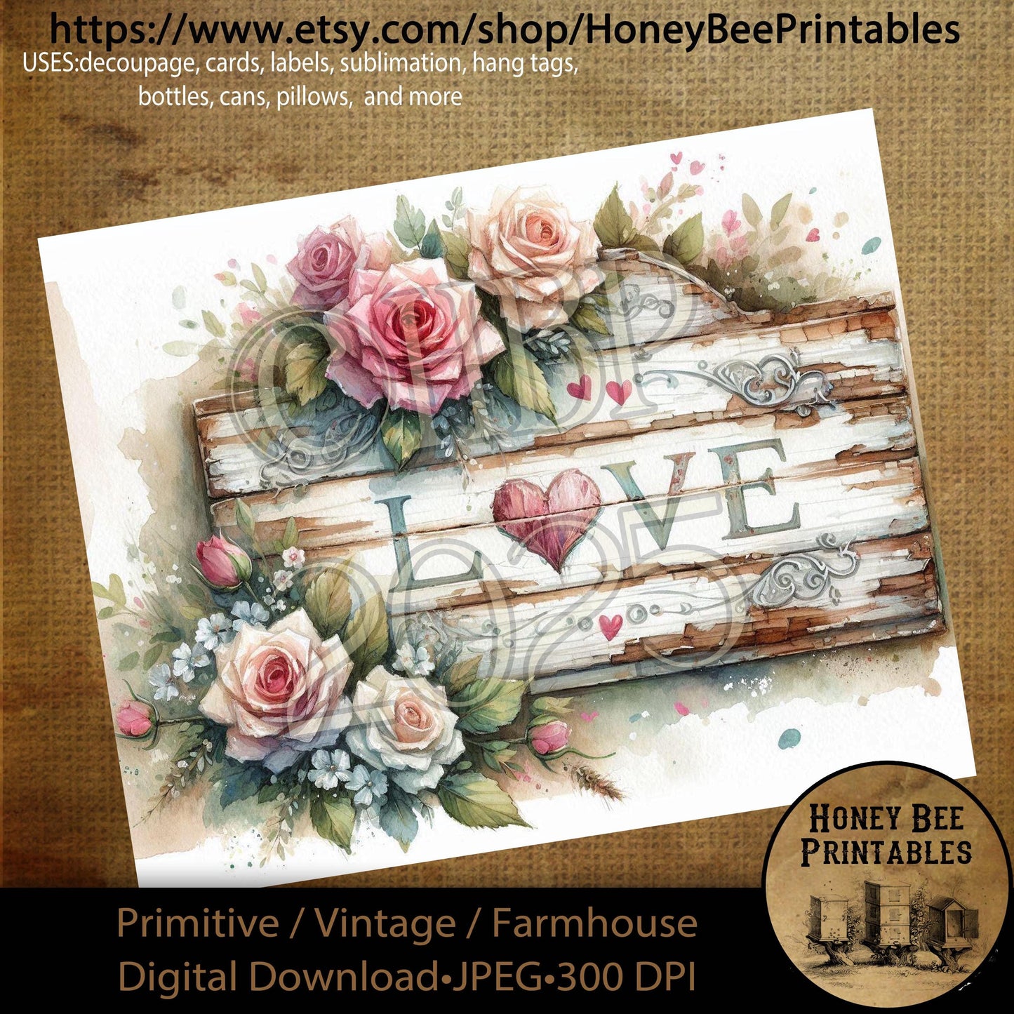 Digital Download, Printable, Decoupage, Primitive, Craft Supplies, Vintage, Rustic, Valentine, Old Wood Sign, Love Sign, Shabby Chic, 2
