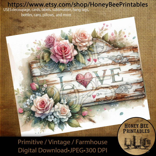 Digital Download, Printable, Decoupage, Primitive, Craft Supplies, Vintage, Rustic, Valentine, Old Wood Sign, Love Sign, Shabby Chic, 2
