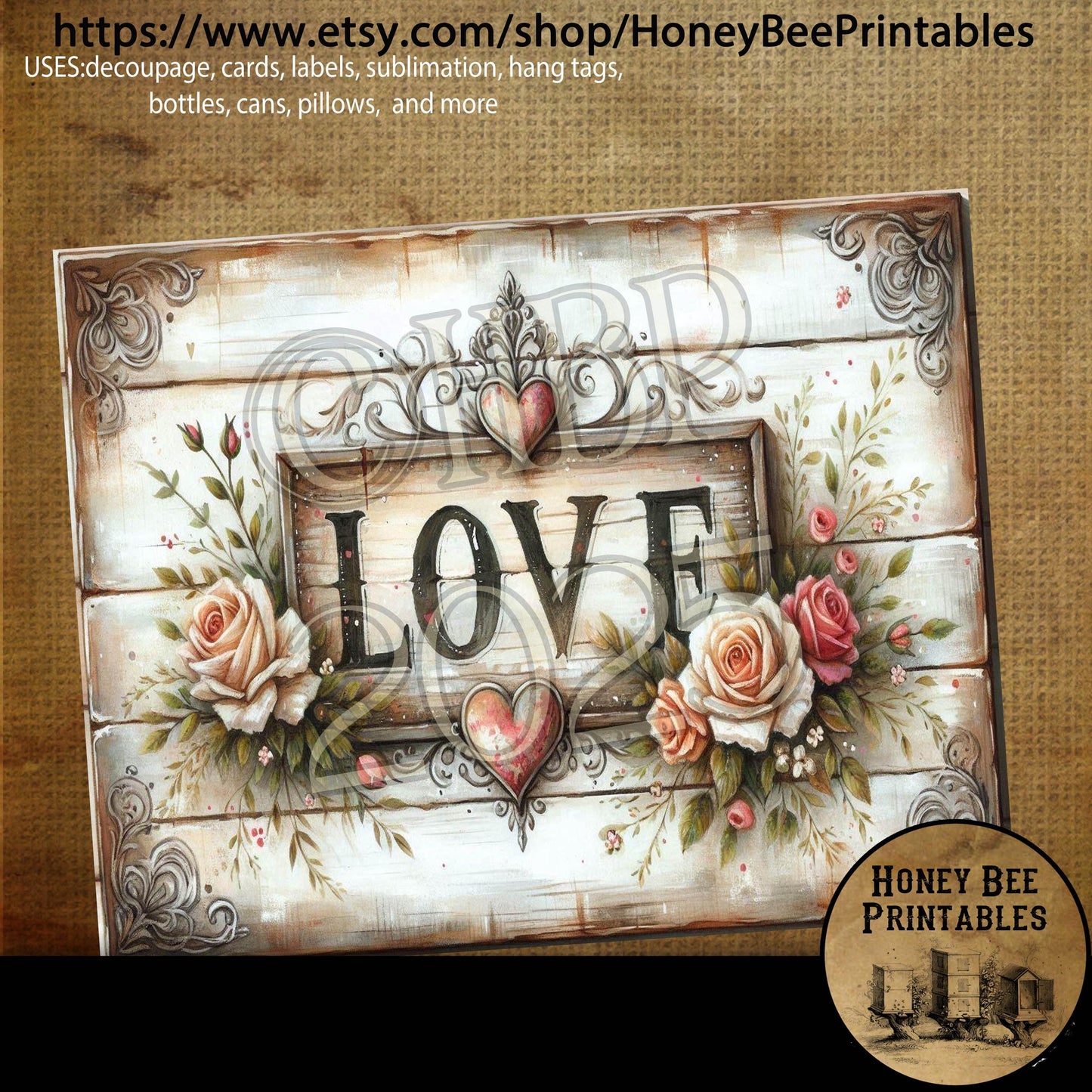 Digital Download, Printable, Decoupage, Primitive, Craft Supplies, Vintage, Rustic, Valentine, Old Wood Sign, Love Sign, Shabby Chic, 4