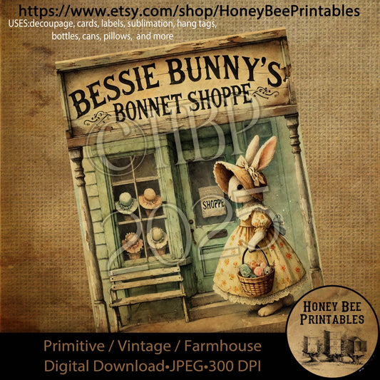 Digital Download, Printable, Decoupage, Primitive, Craft Supplies, Vintage, Rustic, Bessie Bunny's Bonnet Shoppe, Easter Bonnet, Bunny