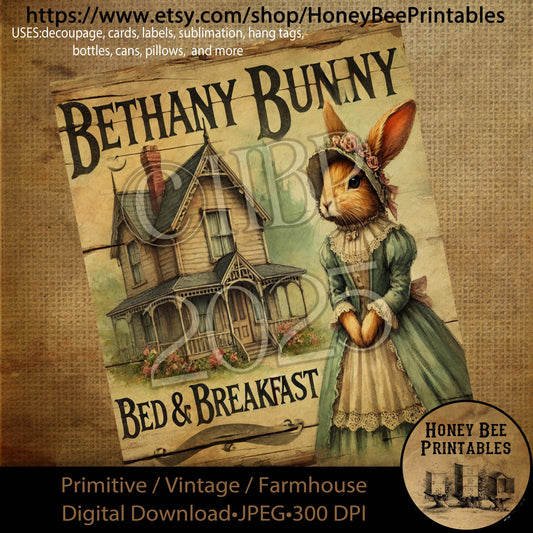 Digital Download, Printable, Decoupage, Primitive, Craft Supplies, Vintage, Rustic, Bethany Bunny's Bed and Breakfast, Easter Bunny, Rabbit