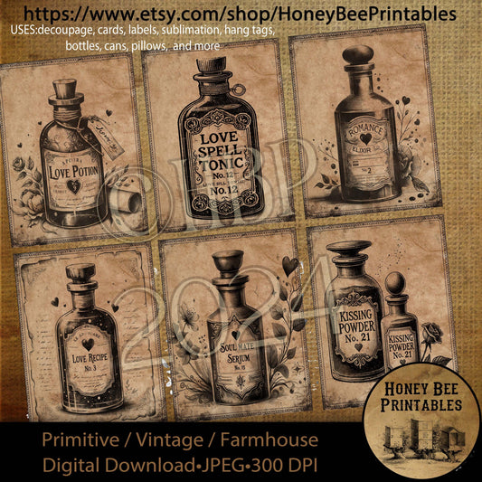 Digital Download, Printable, Decoupage, Vintage, Primitive Valentine Labels, Love Potion, Elixir, Recipe, Tonic, Serum, Kissing Powder
