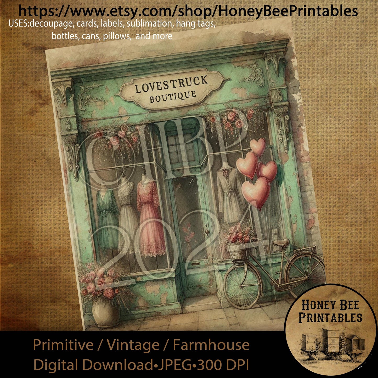 Digital Download, Printable, Decoupage, Primitive, Craft Supplies, Vintage, Rustic, Valentine, Lovestruck Boutique, Love, Boutique, Clothing