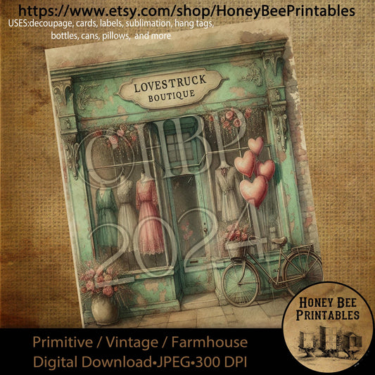 Digital Download, Printable, Decoupage, Primitive, Craft Supplies, Vintage, Rustic, Valentine, Lovestruck Boutique, Love, Boutique, Clothing