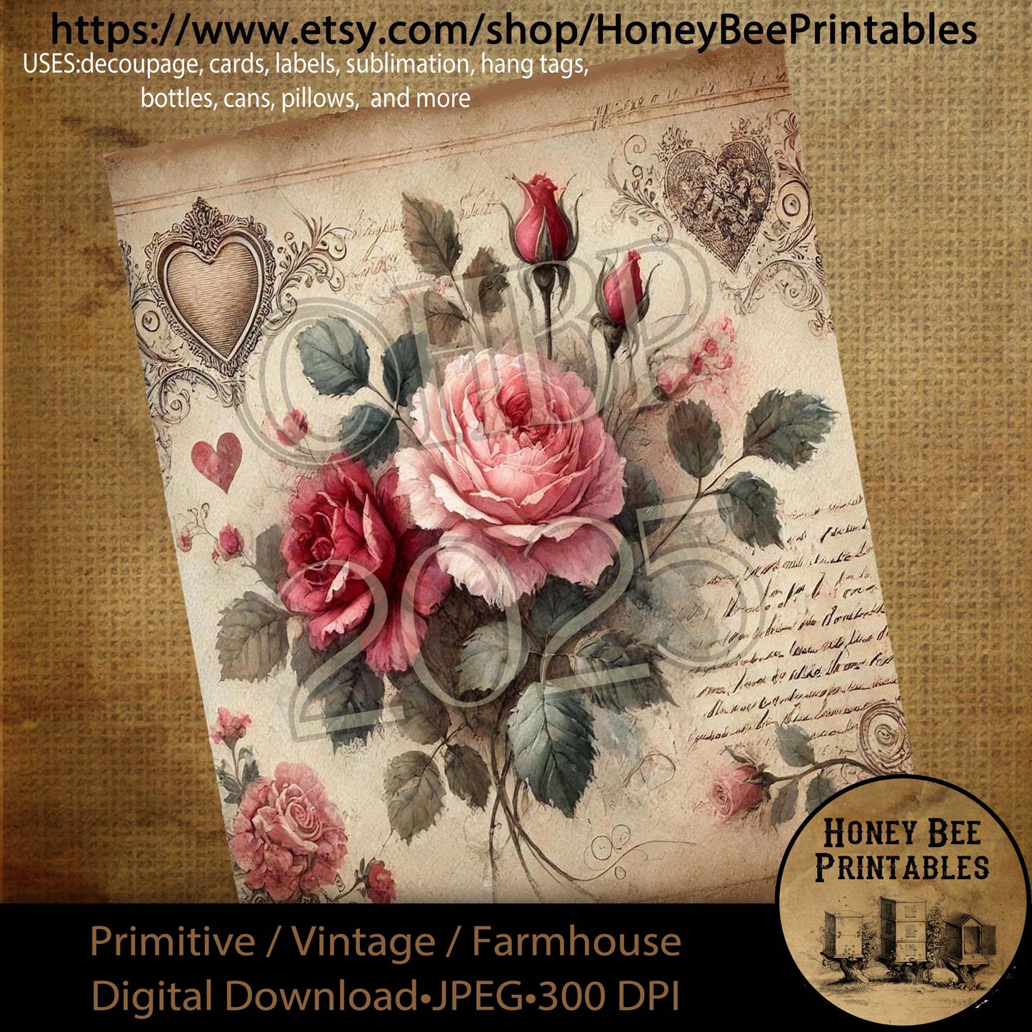 Digital Download, Printable, Decoupage, Primitive, Craft Supplies, Vintage, Rustic, Shabby, Valentine, Roses, Rose, Flowers, Floral, Love, 1