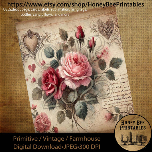 Digital Download, Printable, Decoupage, Primitive, Craft Supplies, Vintage, Rustic, Shabby, Valentine, Roses, Rose, Flowers, Floral, Love, 1