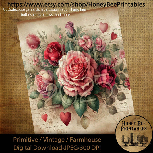 Digital Download, Printable, Decoupage, Primitive, Craft Supplies, Vintage, Rustic, Shabby, Valentine, Roses, Rose, Flowers, Floral, Love, 4
