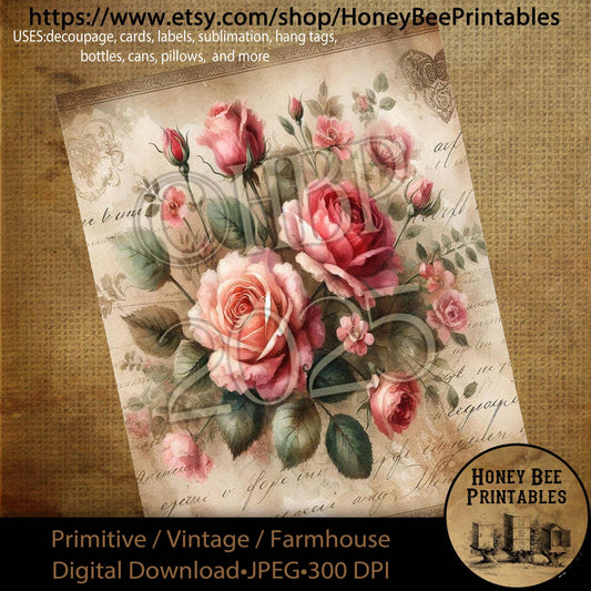 Digital Download, Printable, Decoupage, Primitive, Craft Supplies, Vintage, Rustic, Shabby, Valentine, Roses, Rose, Flowers, Floral, Love, 3