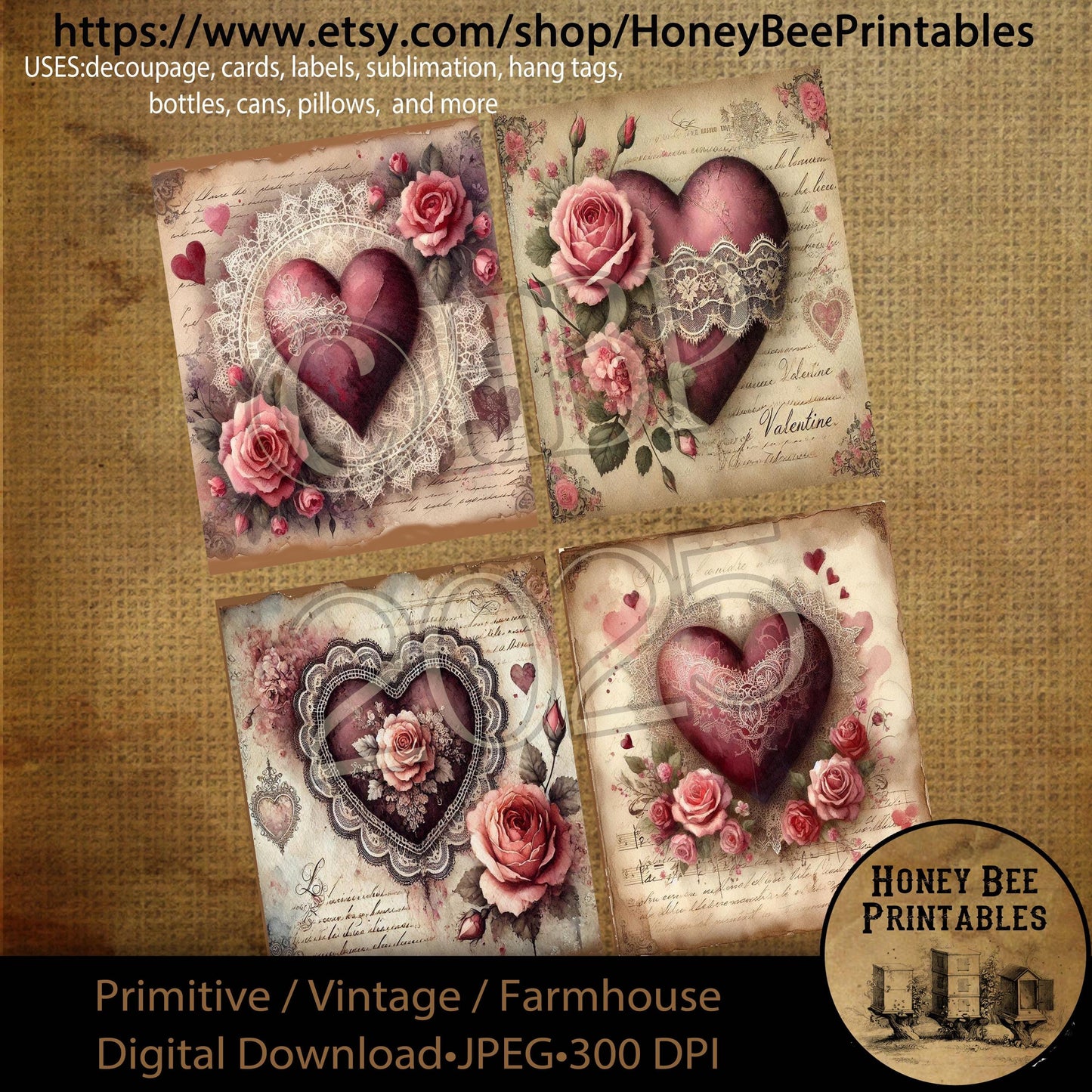 Digital Download, Art, Printable, Decoupage, Primitive, Craft Supplies, 4x5, Rustic, Valentine, Hearts, Lace, Romantic, Roses, Vintage, Love