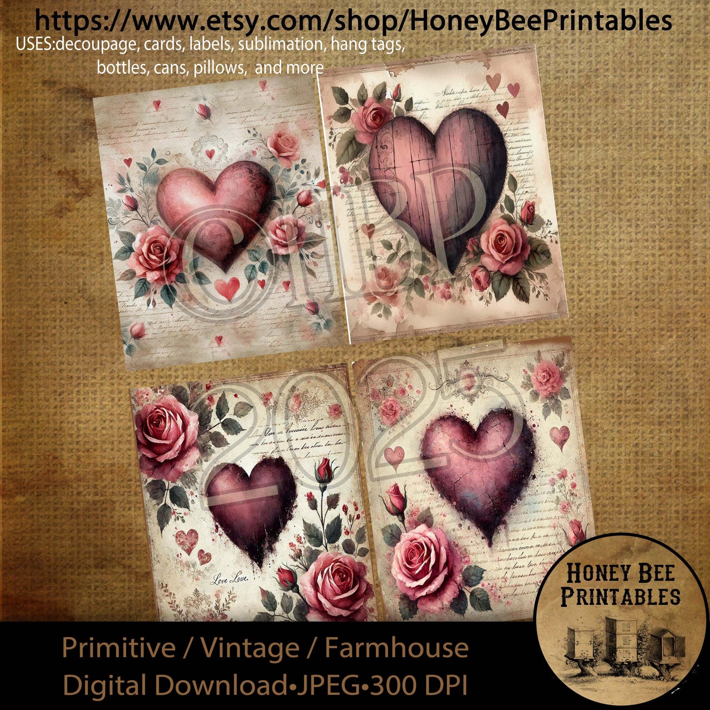 Digital Download, Art, Printable, Decoupage, Primitive, Craft Supplies, Rustic, Valentine, Hearts, Romantic, Roses, Vintage, Love, Shabby