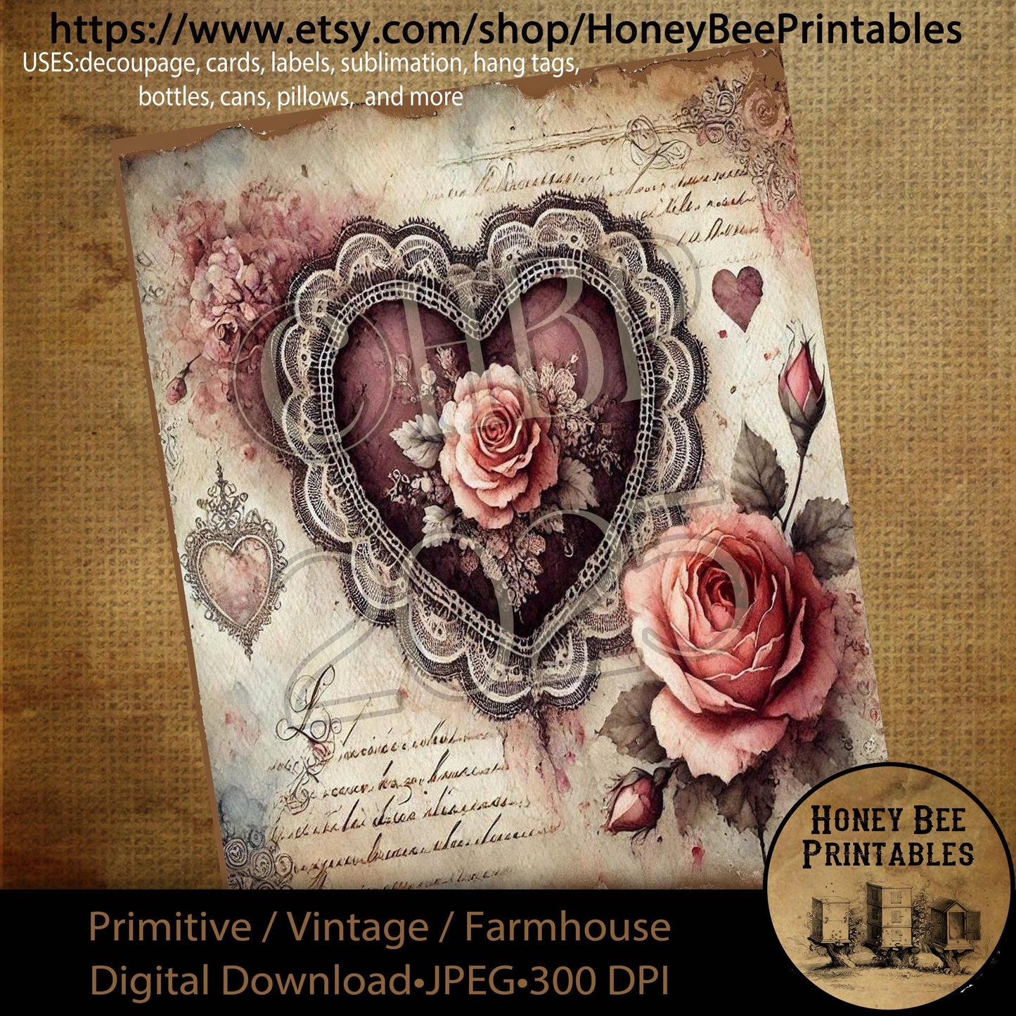Digital Download, Printable, Decoupage, Primitive, Craft Supplies, Vintage, Rustic, Shabby, Valentine, Rose, Flowers, Lace, Doily, Heart, #2