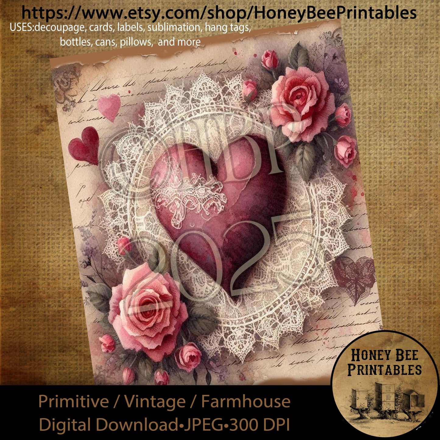 Digital Download, Printable, Decoupage, Primitive, Craft Supplies, Vintage, Rustic, Shabby, Valentine, Rose, Flowers, Lace, Doily, Heart, #4