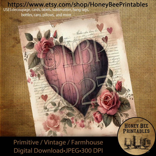 Digital Download, Printable, Decoupage, Primitive, Craft Supplies, Vintage, Rustic, Shabby, Valentine, Flowers, Hearts, Roses, Floral, #3