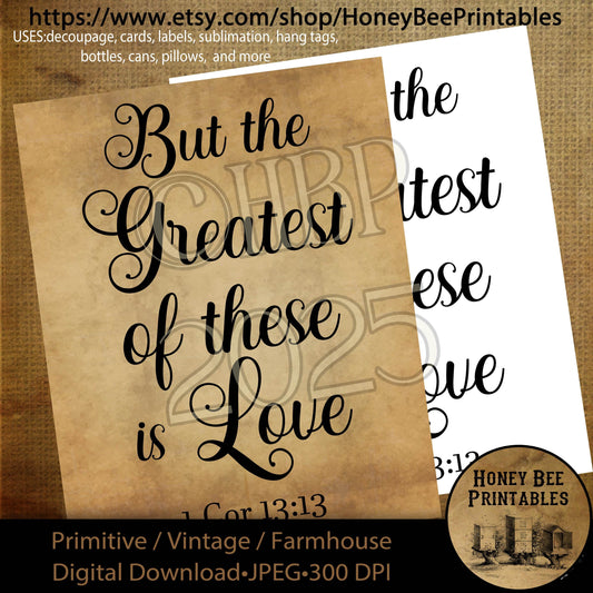 Digital Download, Printable, Decoupage, Primitive, Craft Supplies, Vintage, Rustic, Valentine, But The Greatest of These Is Love, I Cor 13