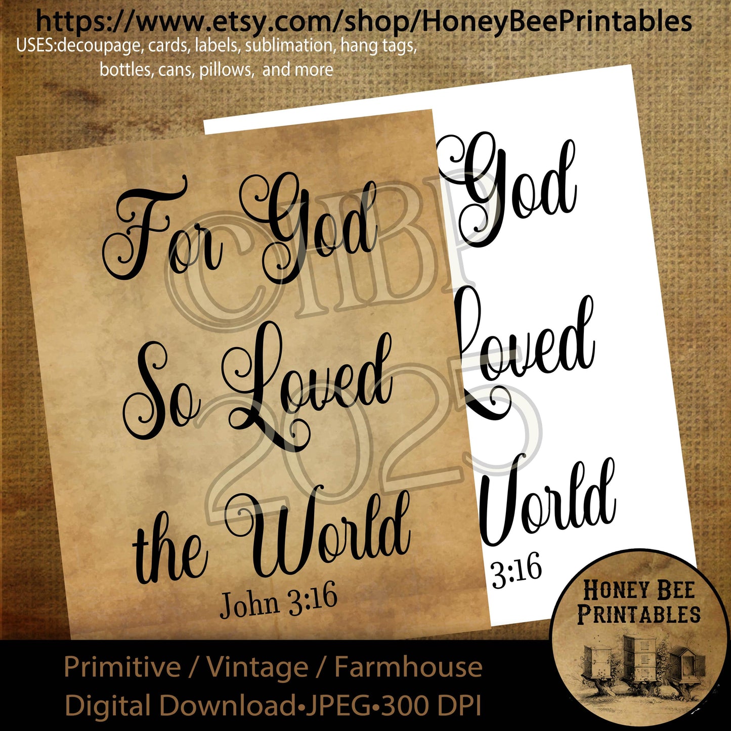 Digital Download, Printable, Decoupage, Primitive, Craft Supplies, Vintage, Rustic, Valentine, For God So Loved The World, John 3 16, Bible
