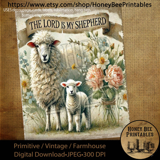 Digital Download, Printable, Decoupage, Primitive, Craft Supplies, Vintage, Rustic, Easter, Lamb, Sheep, The Lord Is My Shepherd, Psalm 23