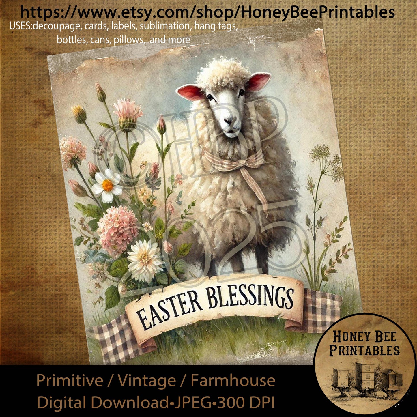 Digital Download, Printable, Decoupage, Primitive, Craft Supplies, Vintage, Rustic, Easter, Lamb, Sheep, Easter Blessings, Spring, Religious